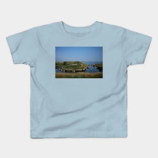 Seaton Sluice harbour under a blue sky Kids T-Shirt